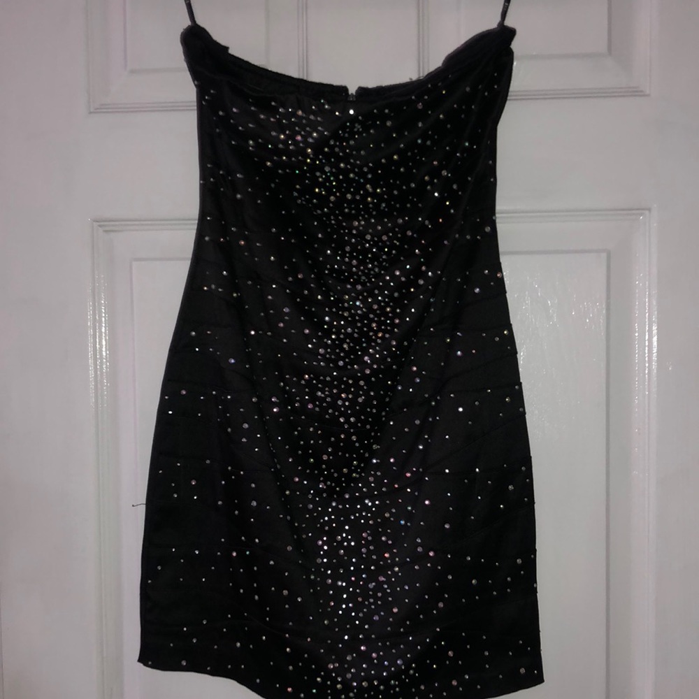 Black strapless rhinestone dress